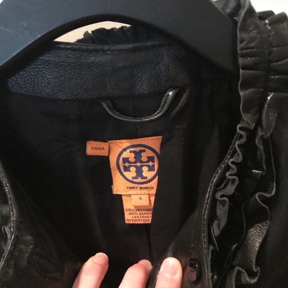Tory Burch Black Leather Jacket with Ruffle Accents Size 4 - Picture 4 of 6